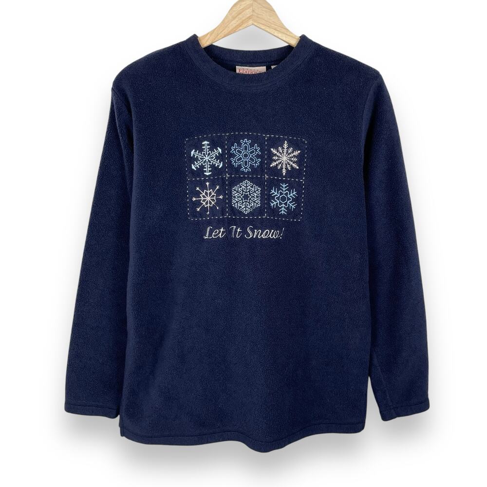 90s VTG Fleece Snowflake Embroidered Sweater Navy Blue Holiday Sweatshirt Size S